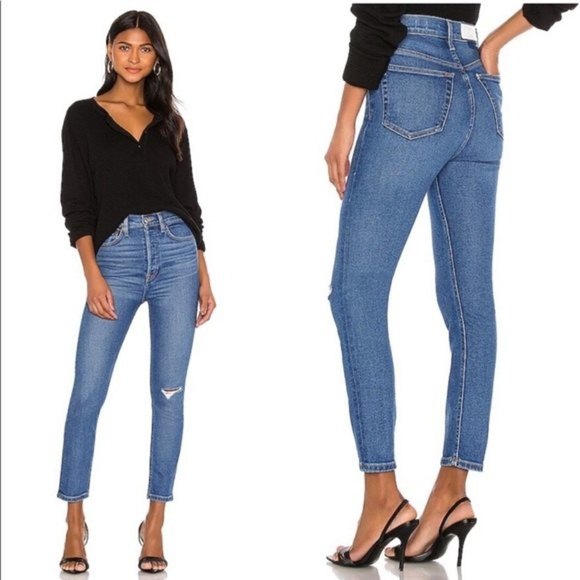 Re/Done NWT 90s Ultra High Rise Crop Jeans Distressed Women’s Size 32 Ankle - Picture 2 of 14